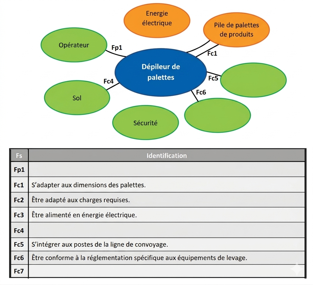 <strong>Diagramme d'interaction (Bête à cornes / Pieuvre)</strong><br><em>[Éléments externes reliés au Dépileur]</em>